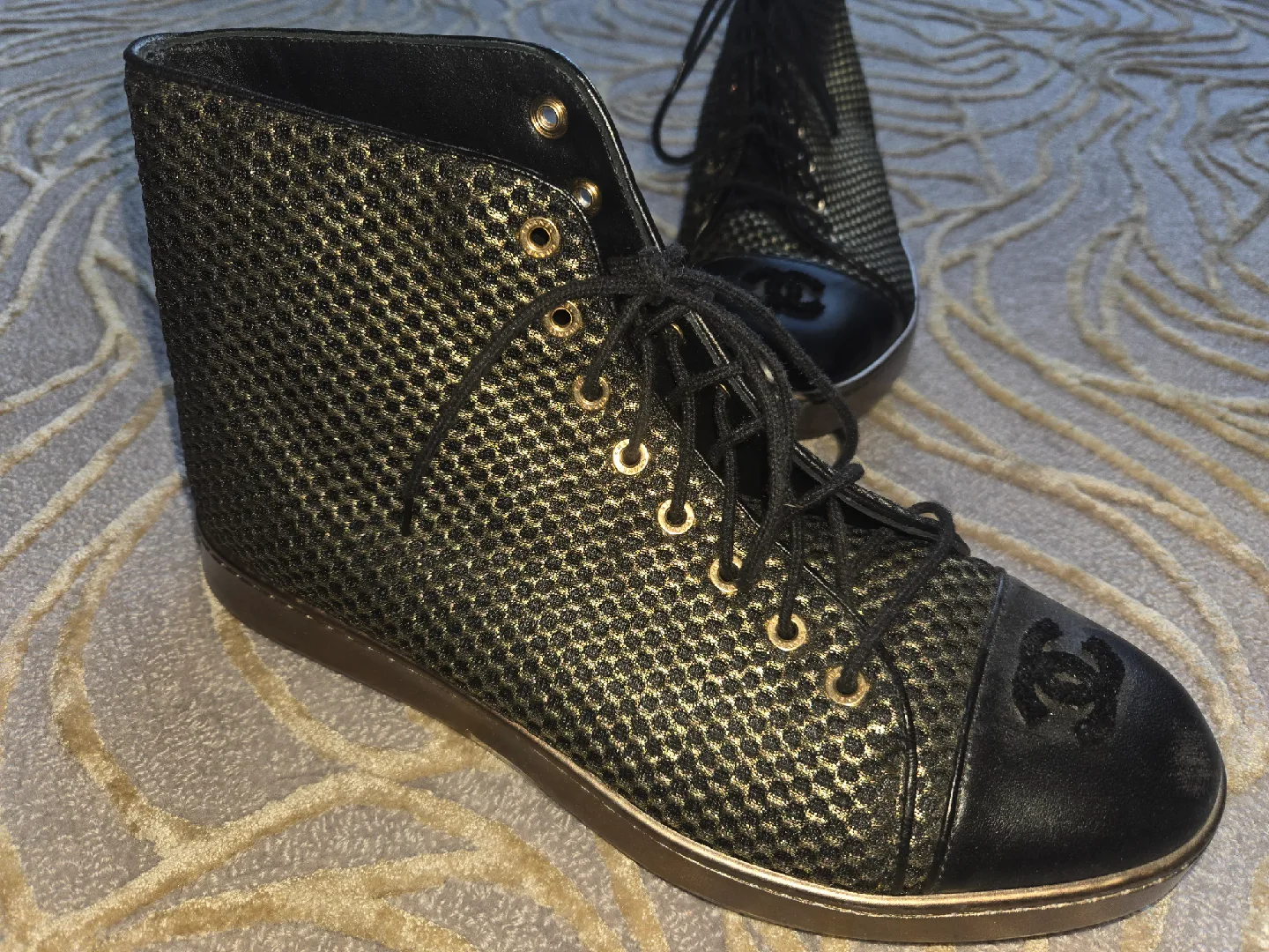 Chanel Black & Gold High-Top Sneakers, Size 40.5 image indicator(2)