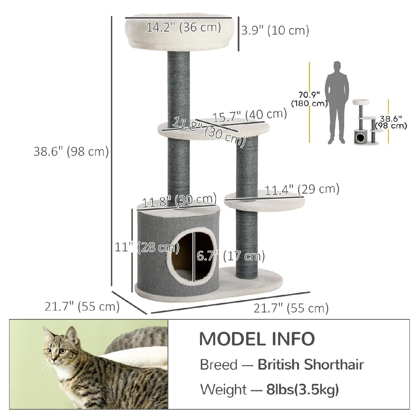 New -Cat Tree with Condo, Grey & White, 38.6" image indicator(2)