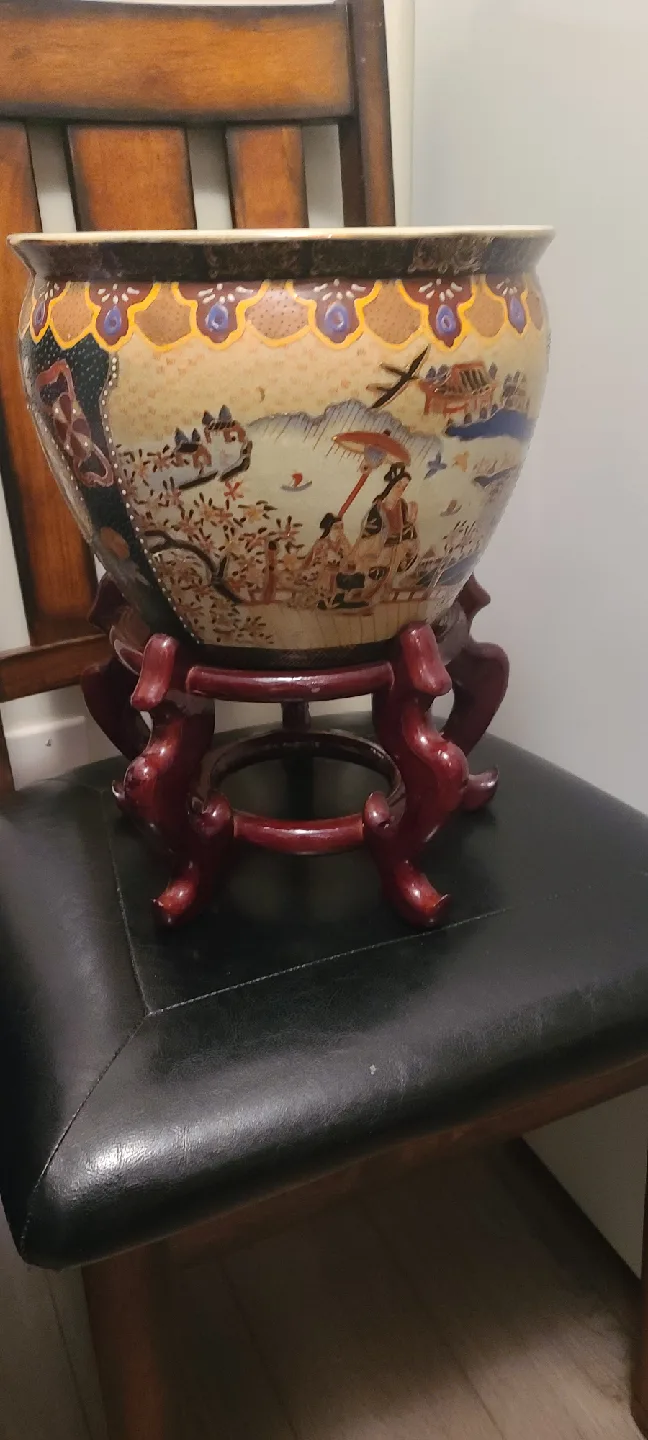 Vintage Asian Fish Bowl Planter with Stand image indicator(3)