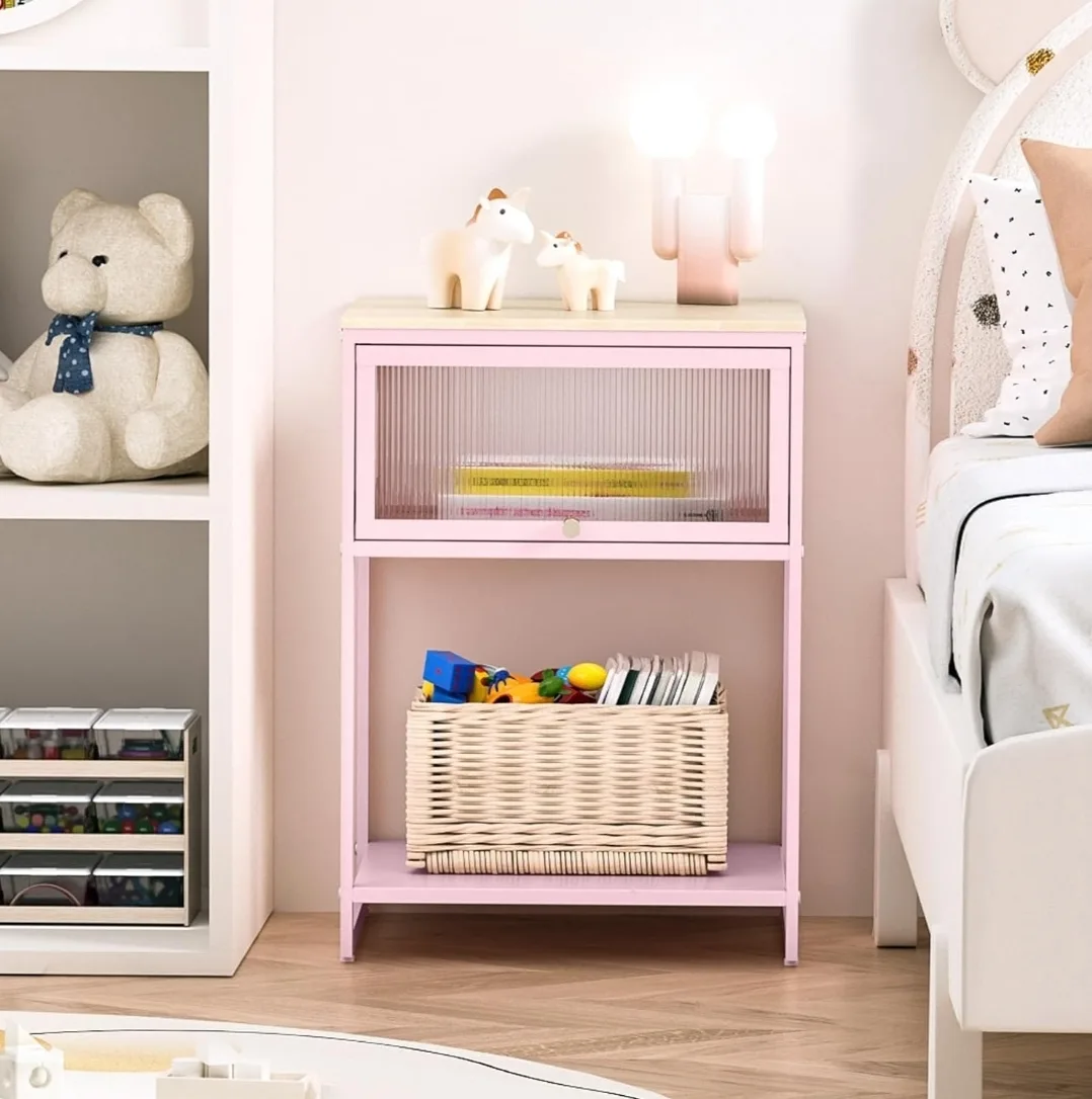 Pink Nightstand with Cabinet & Shelf image indicator(2)