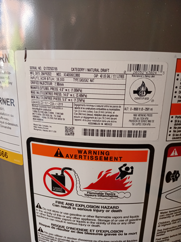 Rheem Performance 40 Gal Water Heater