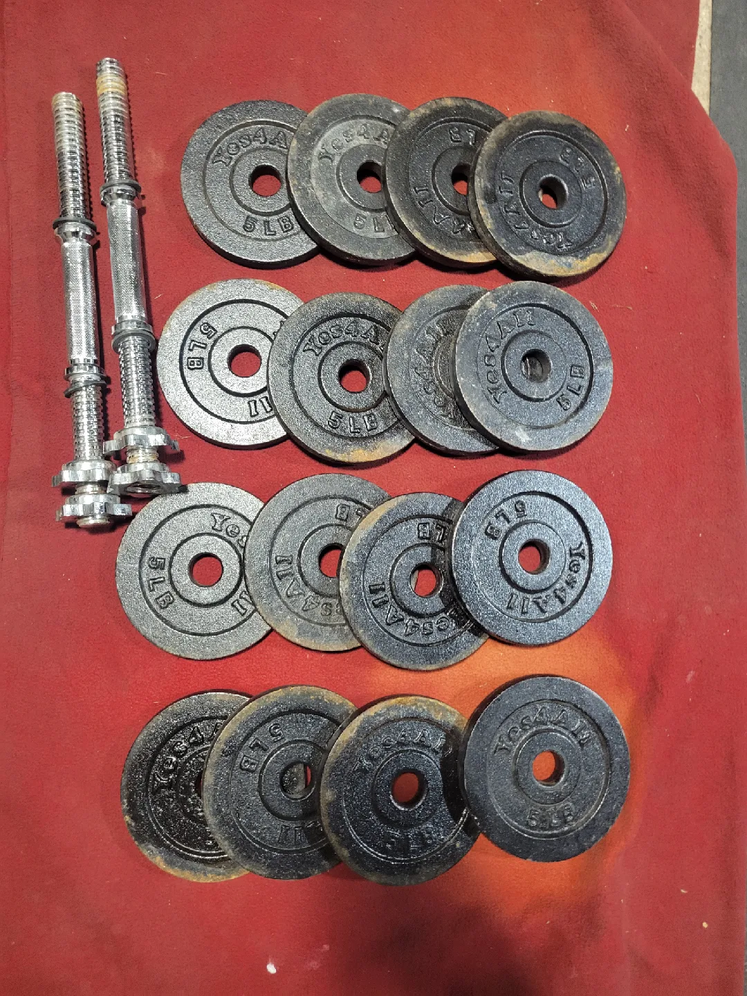 YES FOR ALL.  1" HOLE  ADJUSTABLE DUMBBELLS 80LBs. thumbnail