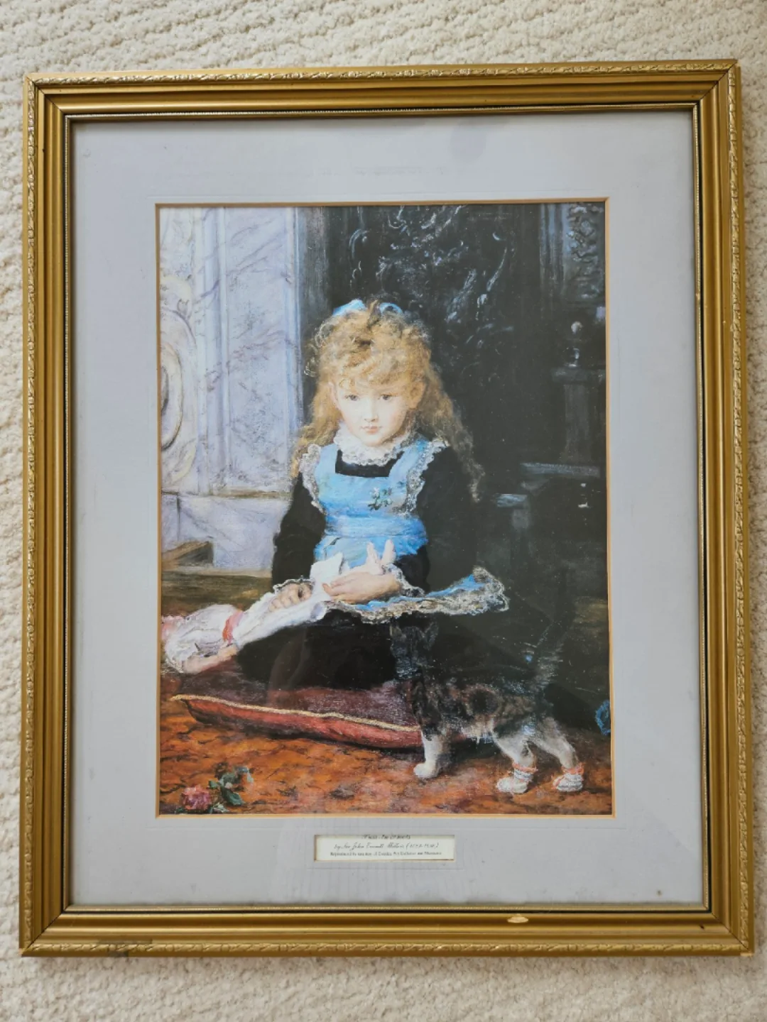 Antique Art Print in Gold Frame "Puss In Boots" with girl thumbnail