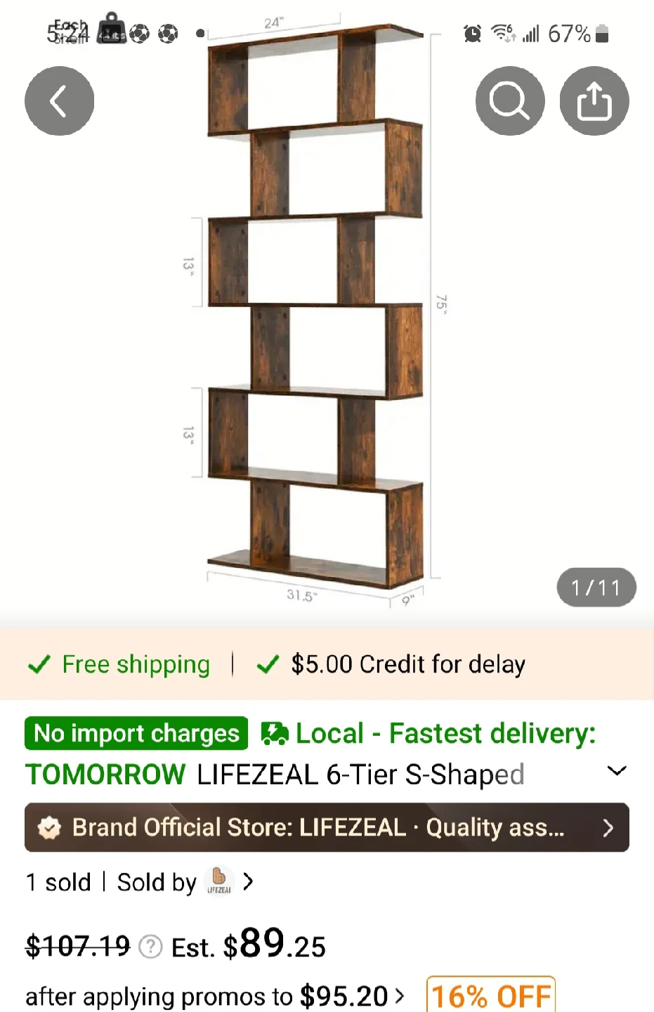 Costway 5-Tier Bookshelf, Brown