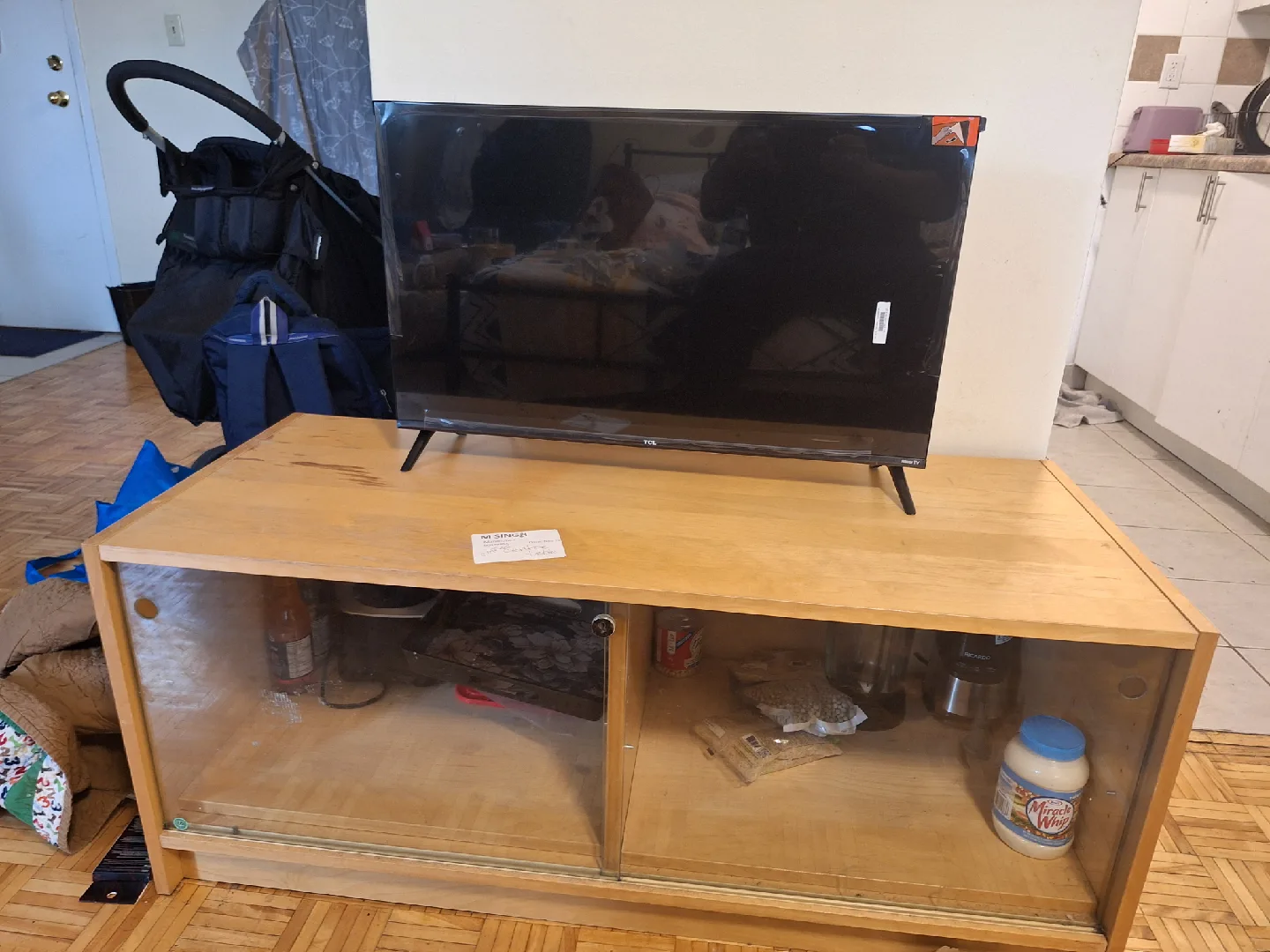 Light Wood TV Stand with Sliding Glass Doors image indicator(2)