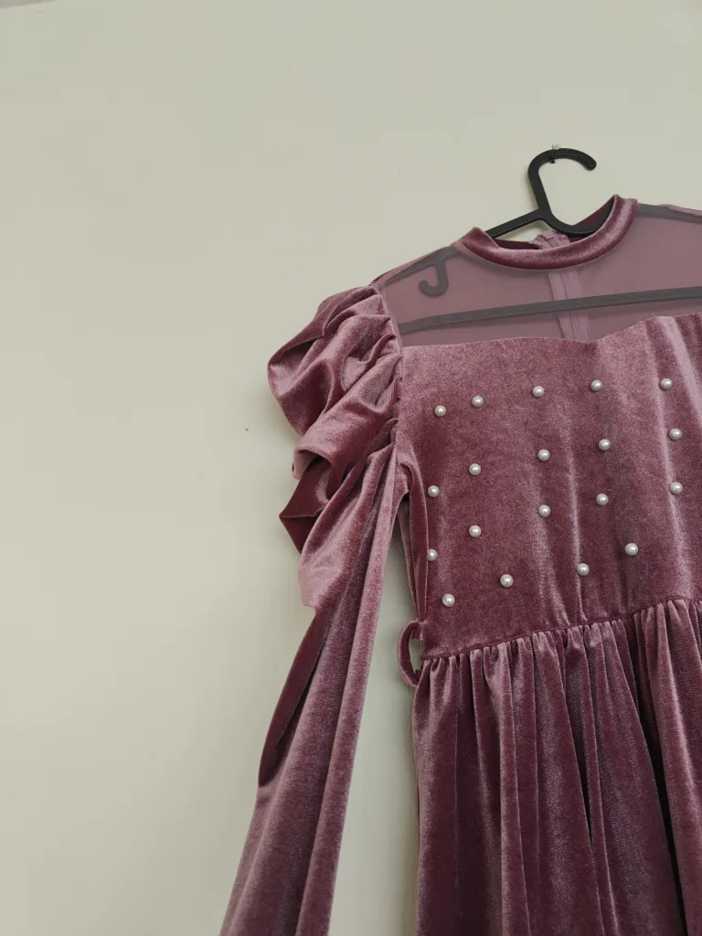 Mauve Velvet Dress with Pearl Detail image indicator(3)