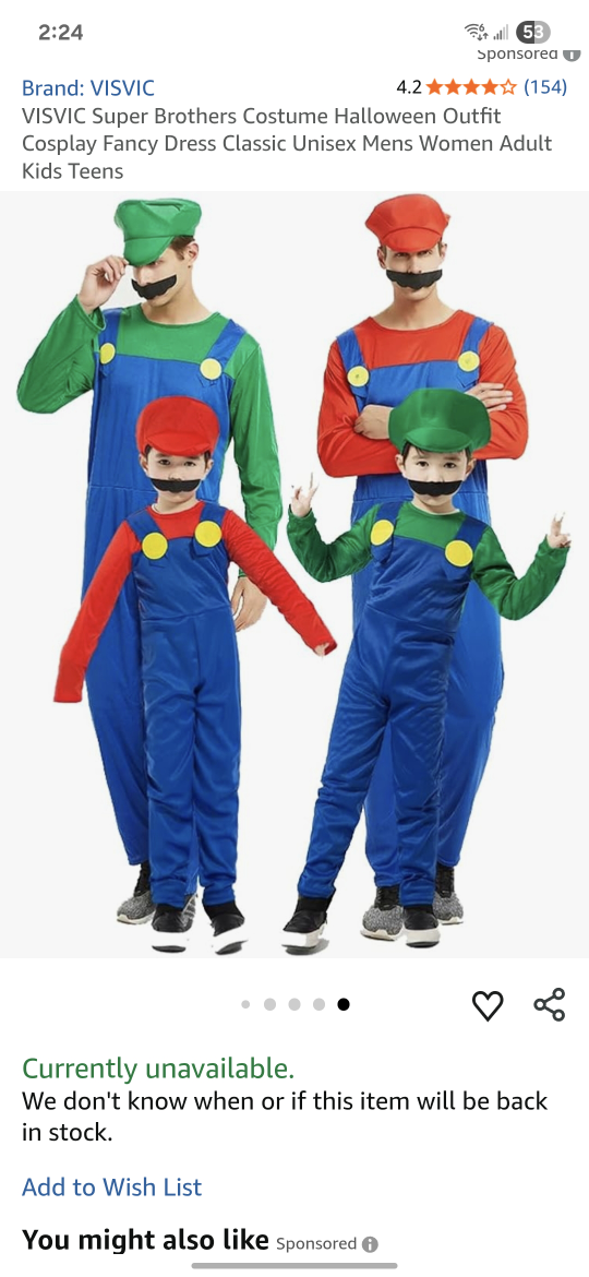 New VISVIC Super Brothers Costume Size XL Kids