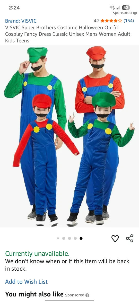 New VISVIC Super Brothers Costume Size XL Kids