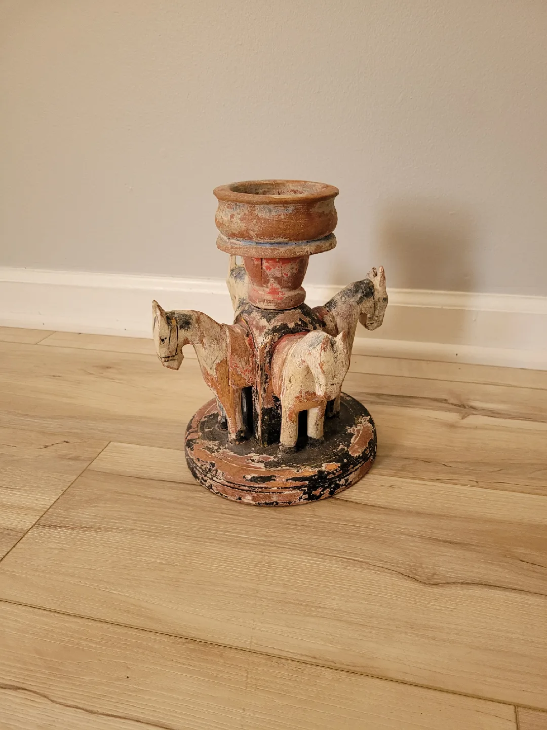 Horse Motif Folk Art Design Candle Holder 9" High thumbnail