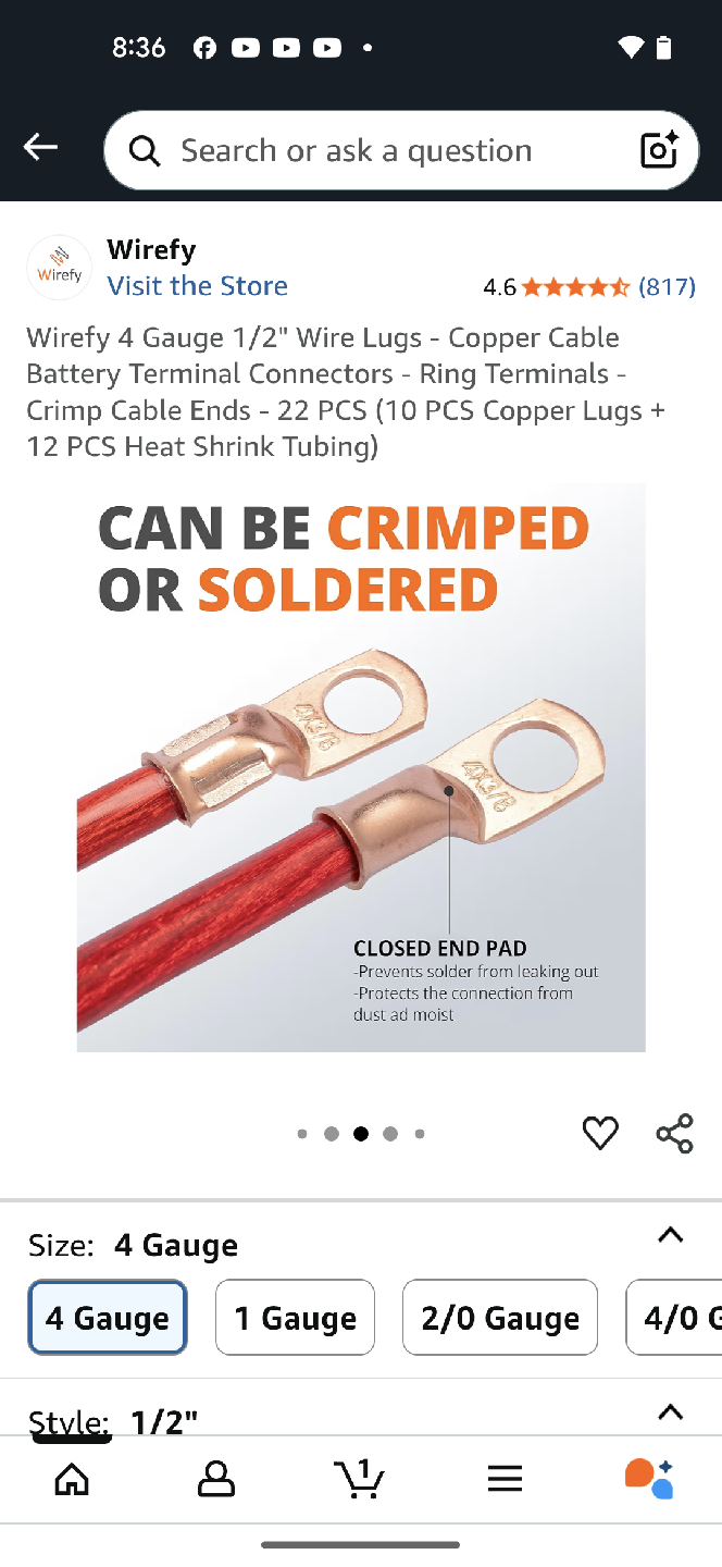 Wirefy 4 Gauge 1/2" Wire Lugs - Copper Cable - photo 4