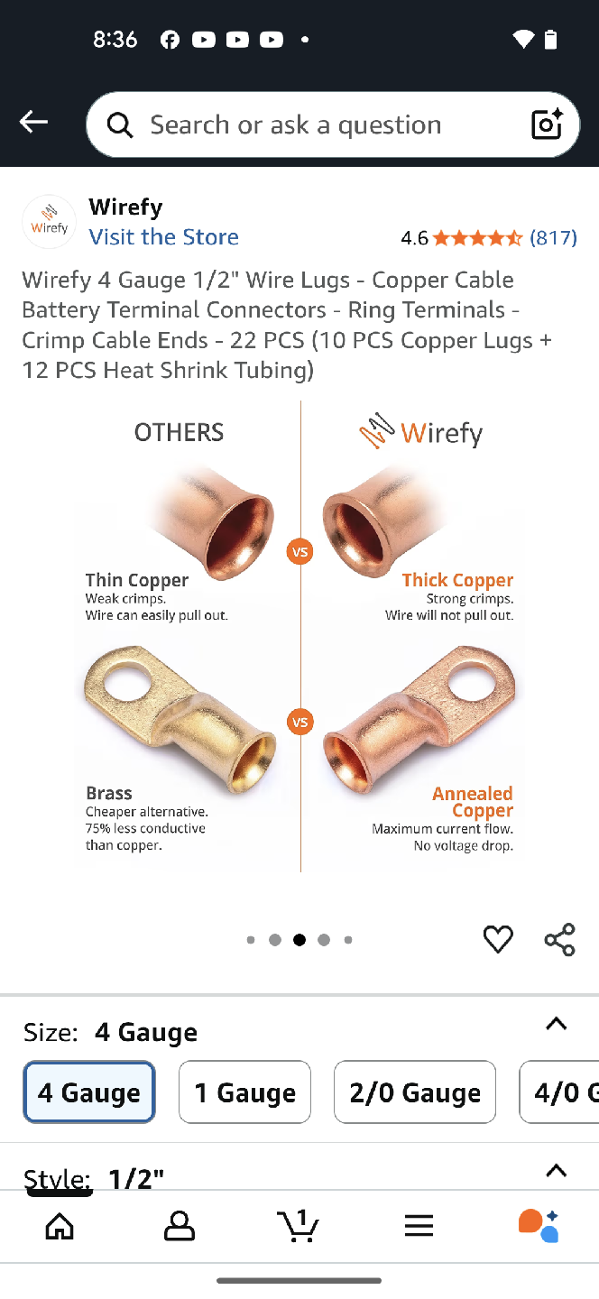 Wirefy 4 Gauge 1/2" Wire Lugs - Copper Cable - photo 5