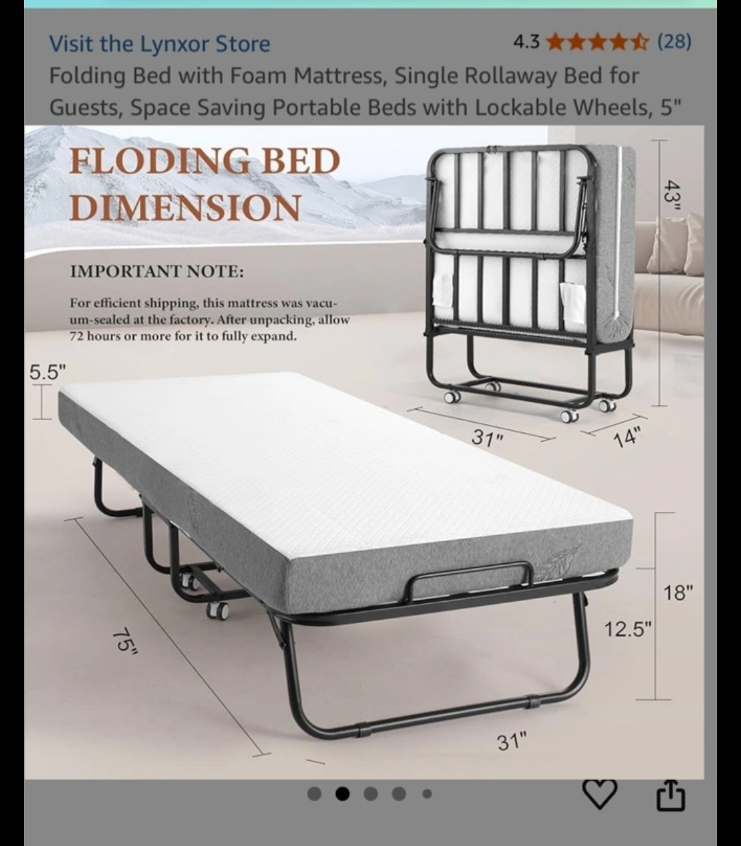 Lynxor Folding Bed with Foam Mattress, Single Rollaway Bed - photo 3