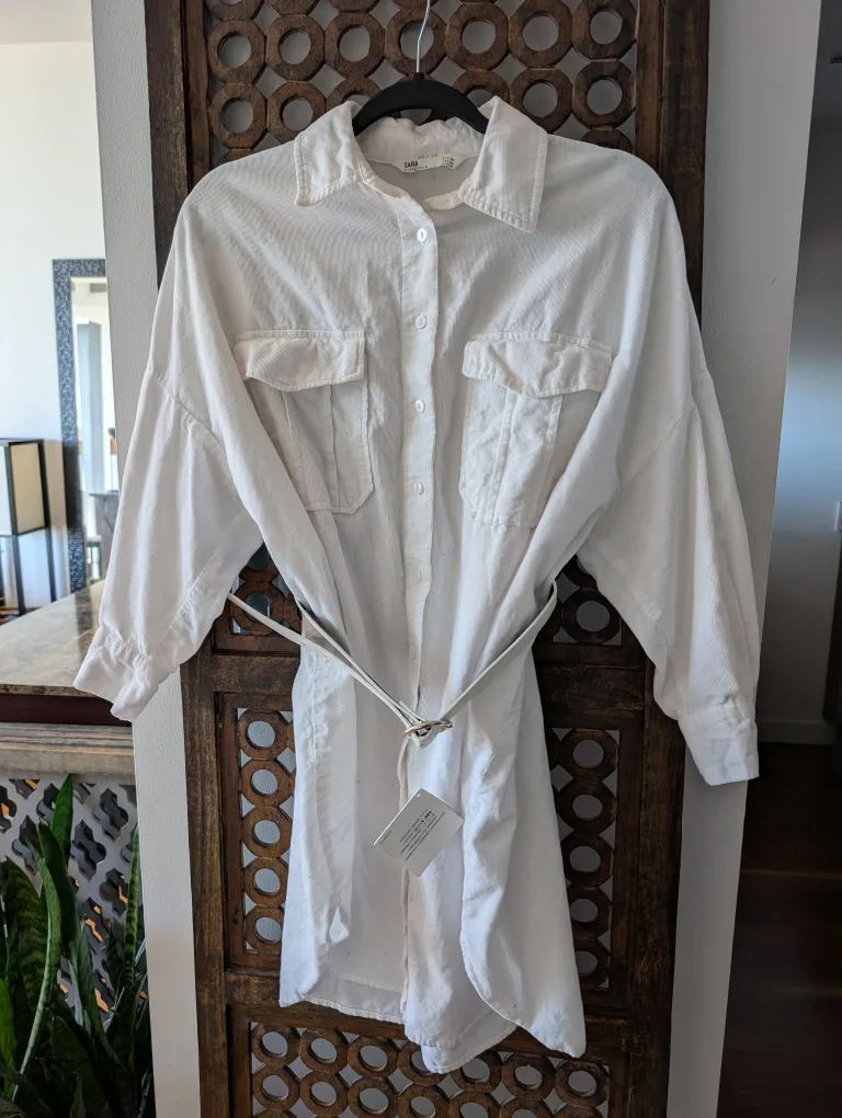 Zara White Corduroy Shirt Dress thumbnail