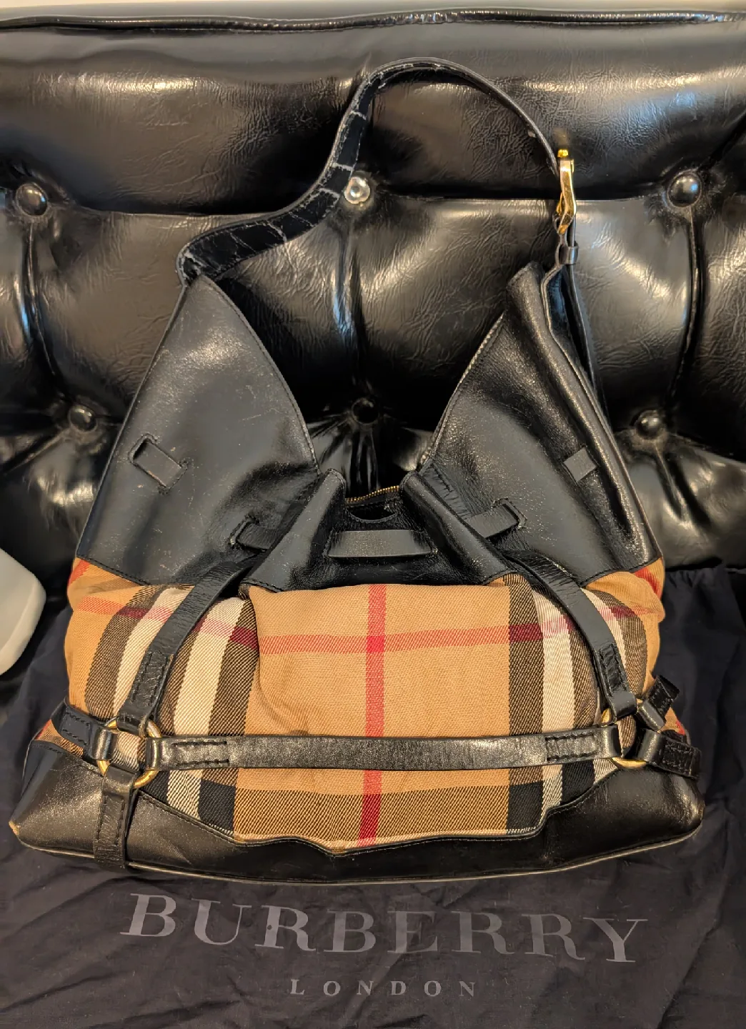 Burberry London Black Leather & Check Tote Bag image indicator(3)