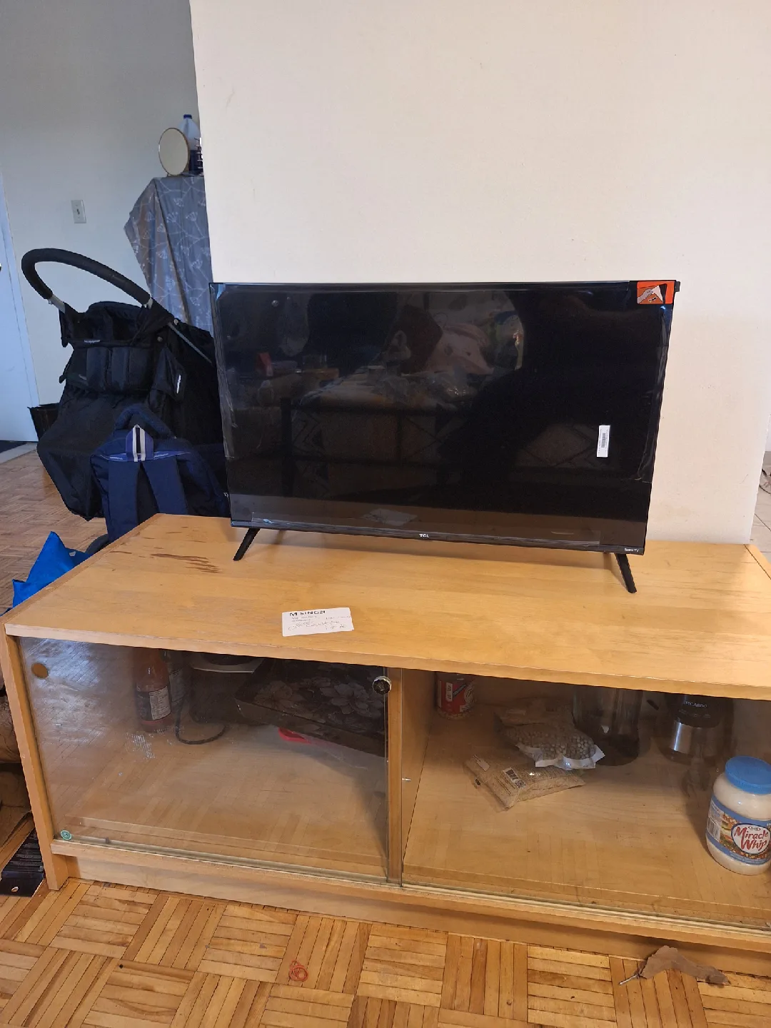 Light Wood TV Stand with Sliding Glass Doors image indicator(3)