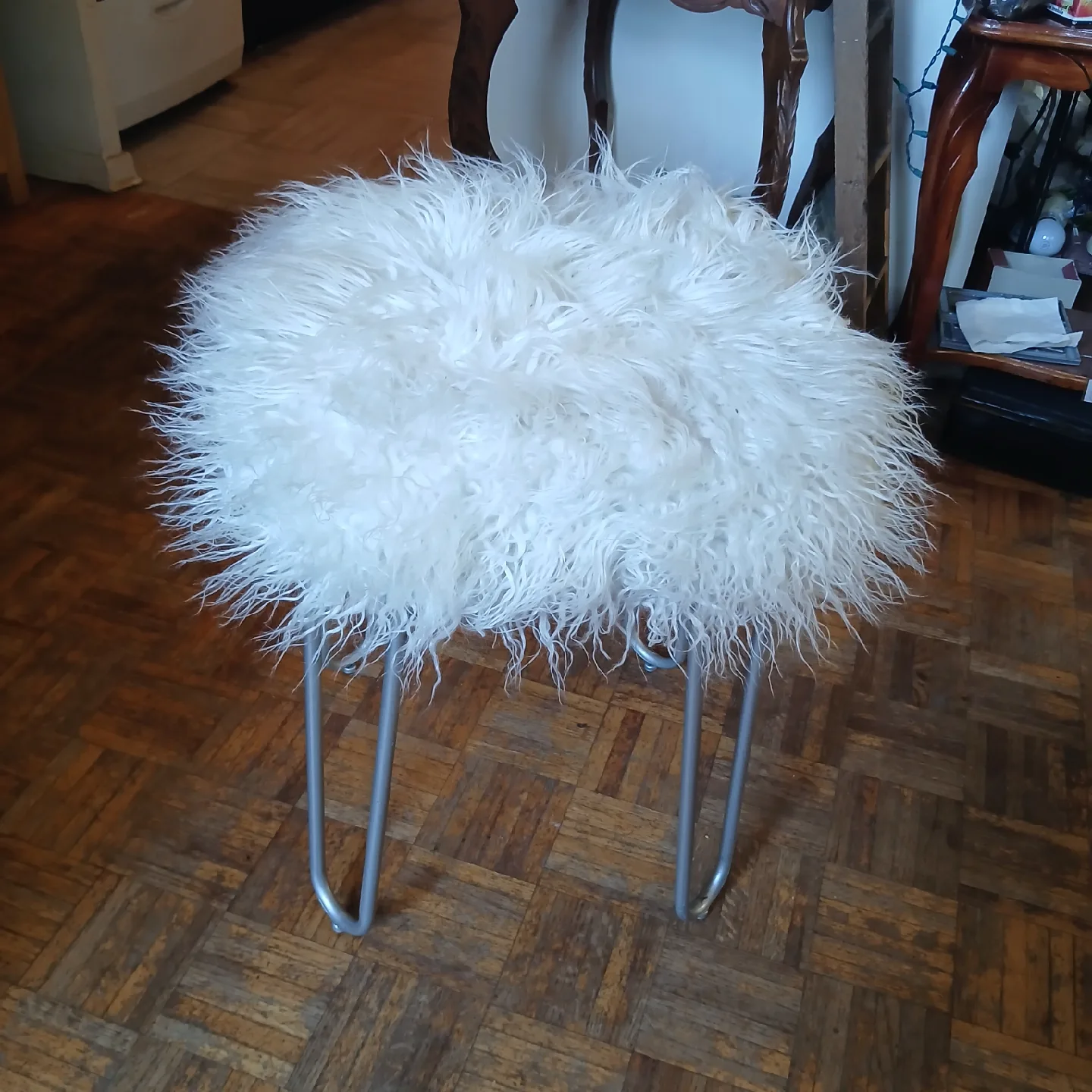 White Furry Stool with Metal Legs thumbnail