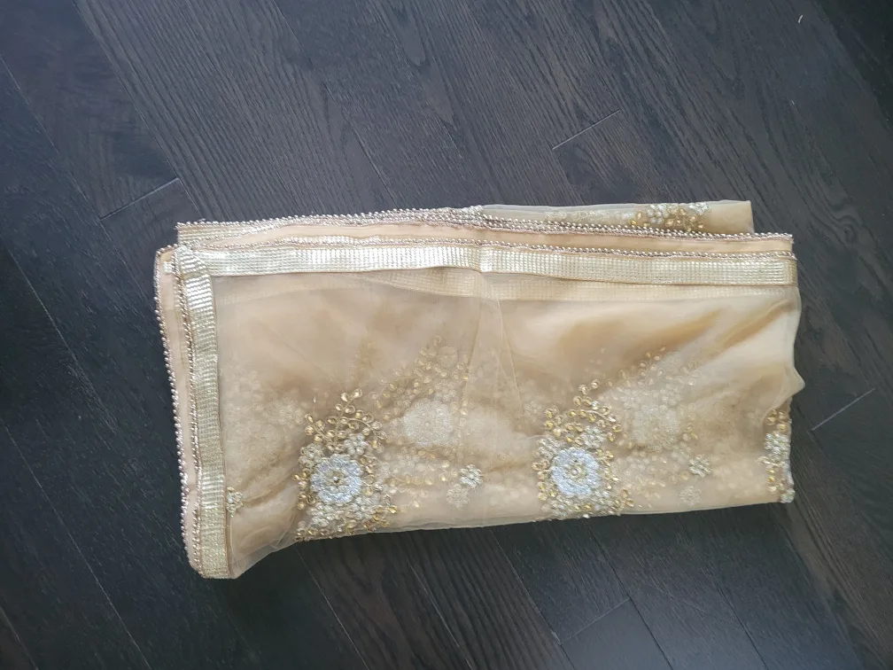 Embroidered Net Dupatta - Beige & Gold image indicator(2)