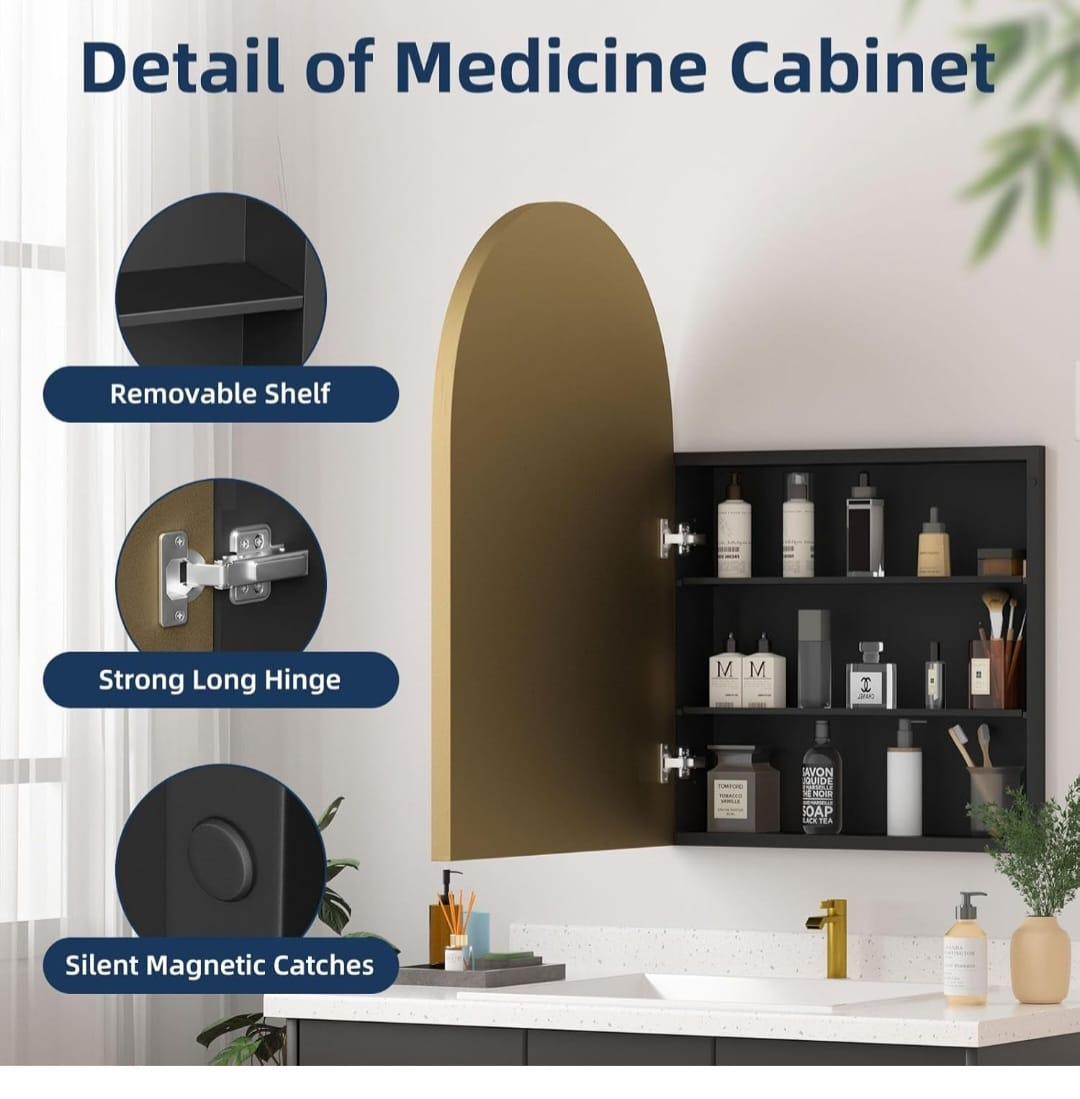 20x30 Inch Black Medicine Cabinet with Arched Mirror - photo 4