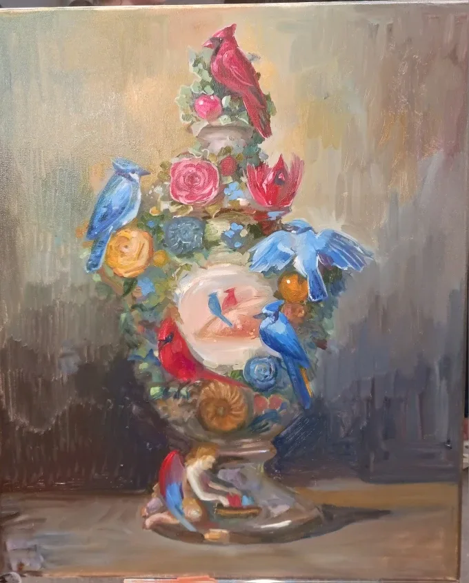 Blue Jay with Cardinal Vase oil painting(on canvas) image indicator(3)