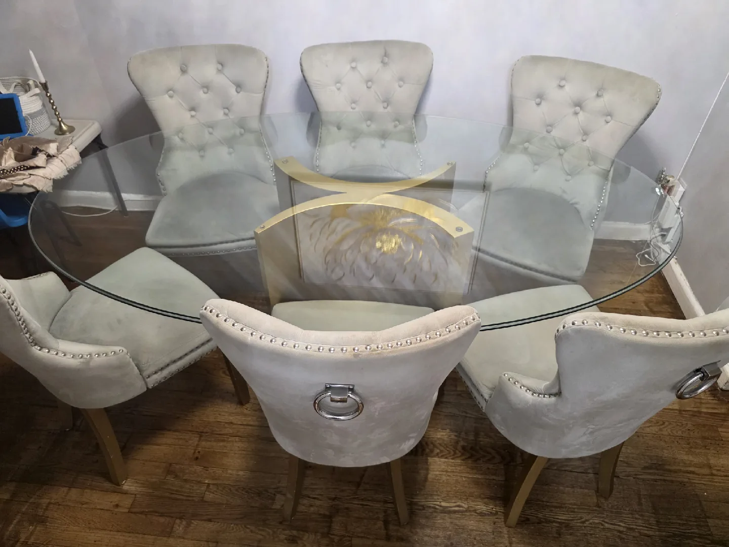 Glass Top Dining Table with 6 Upholstered Chairs image indicator(2)