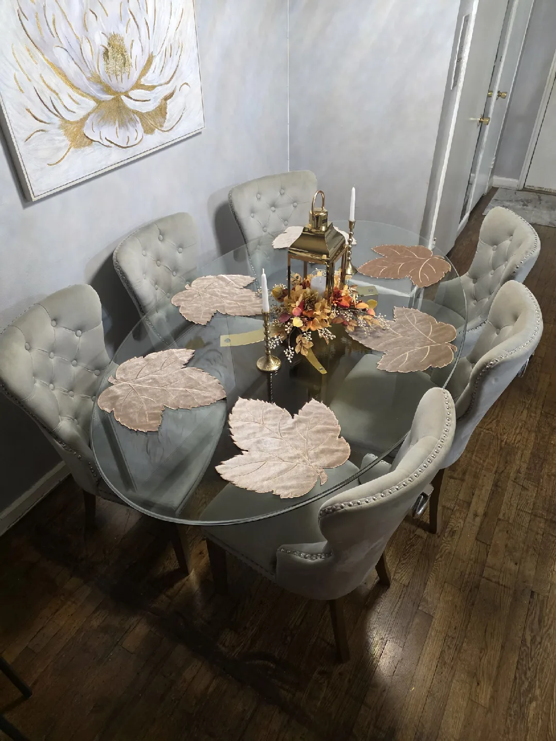 Glass Top Dining Table with 6 Upholstered Chairs image indicator(4)