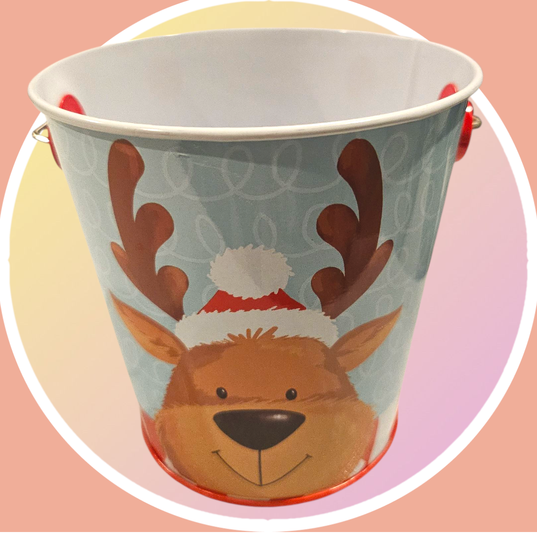 New Tin Reindeer Christmas Bucket w Handle