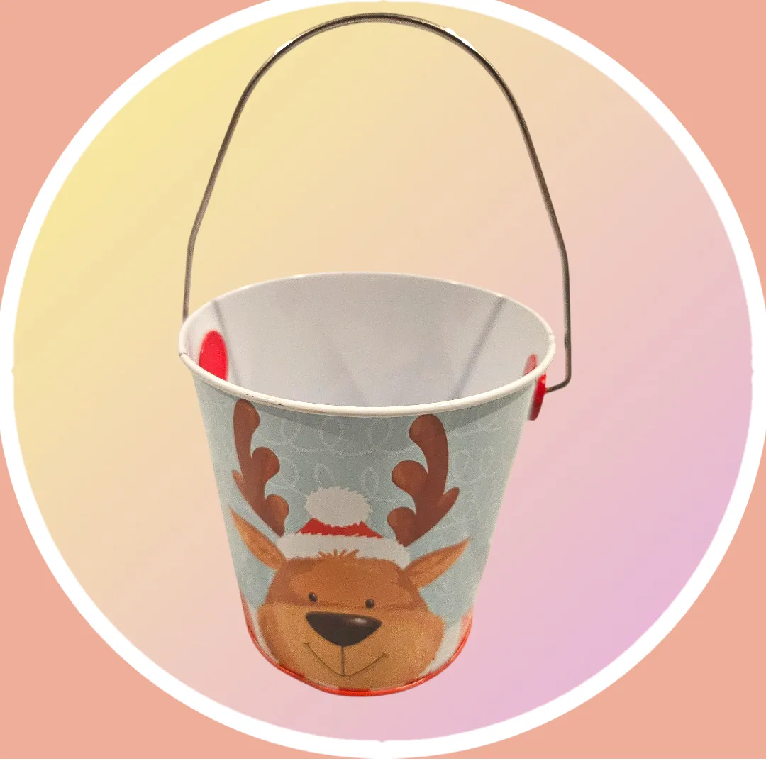 New Tin Reindeer Christmas Bucket w Handle image indicator(2)