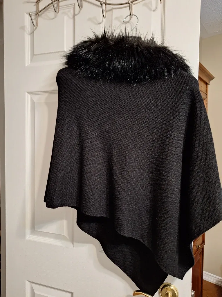 Black Poncho with Faux Fur Collar thumbnail