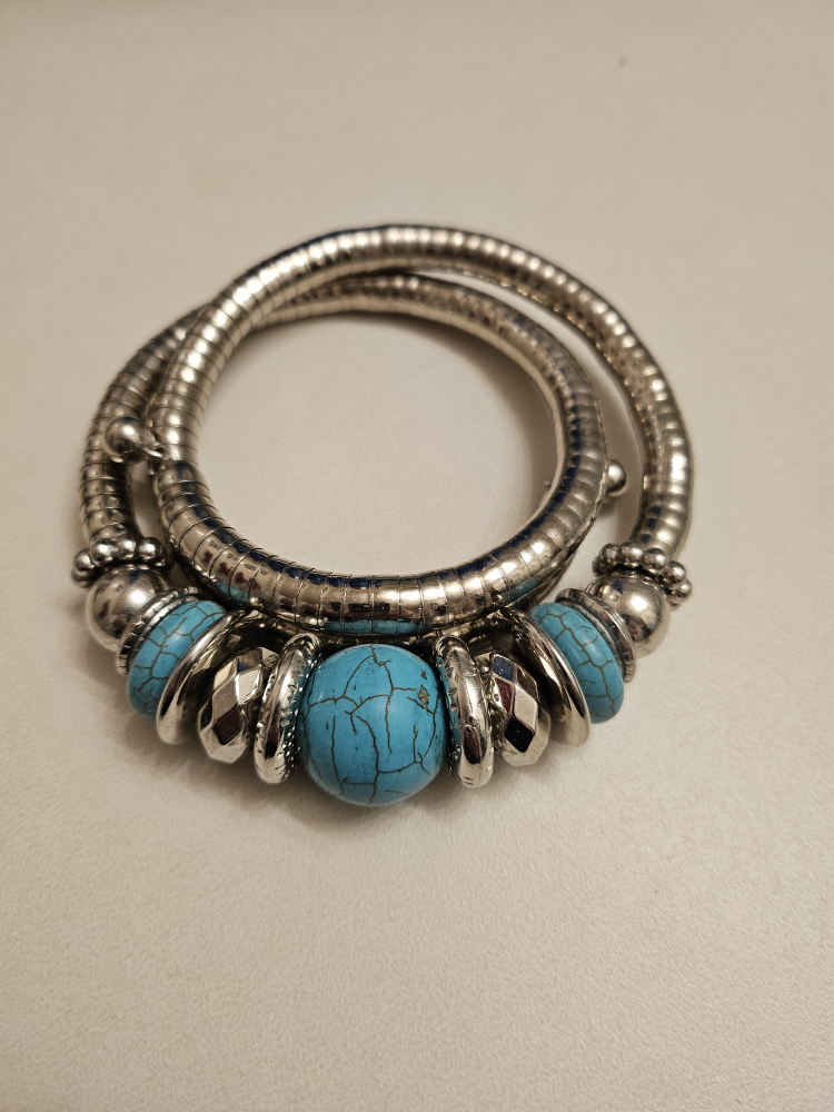 Silver Tone Bangle with Turquoise Beads