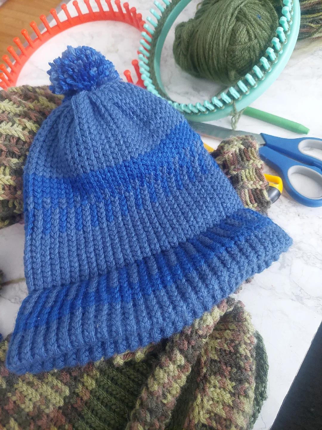 Handmade Blue Knit Hat with Pom Pom thumbnail