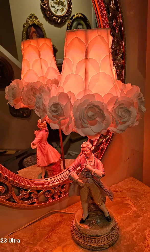 Vintage Porcelain Figurine Lamp with Rose Shade image indicator(3)
