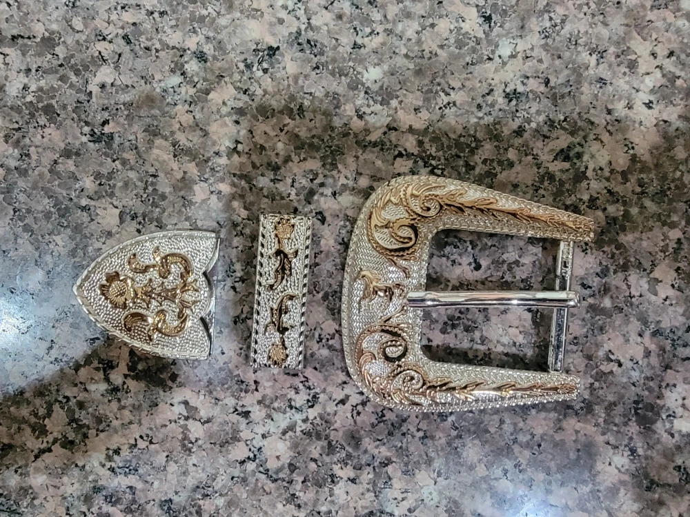 Silver & Gold Tone Engraved Belt Buckle Set