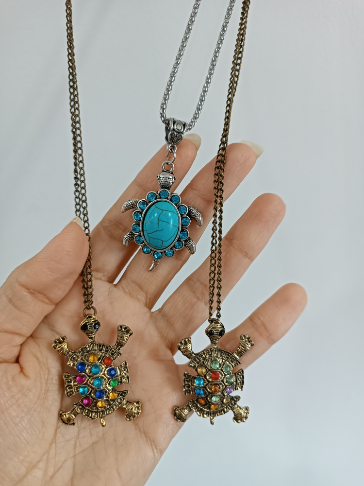Turtle Pendant Necklace with Colorful Stones