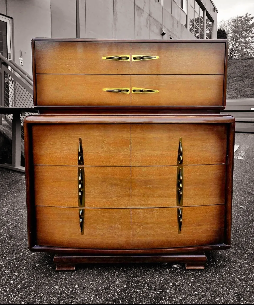 MCM Vic Art Walnut Art Deco Tallboy Dresser With Brass Accents thumbnail