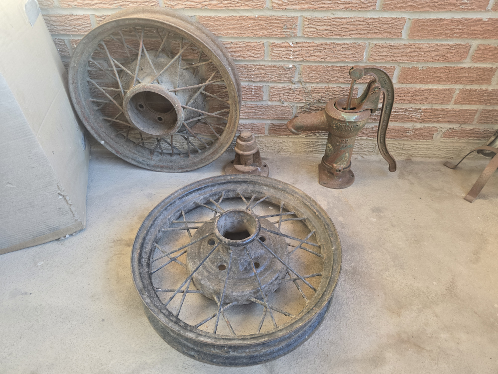 Vintage Spoked Wheels & Hand Water Pump