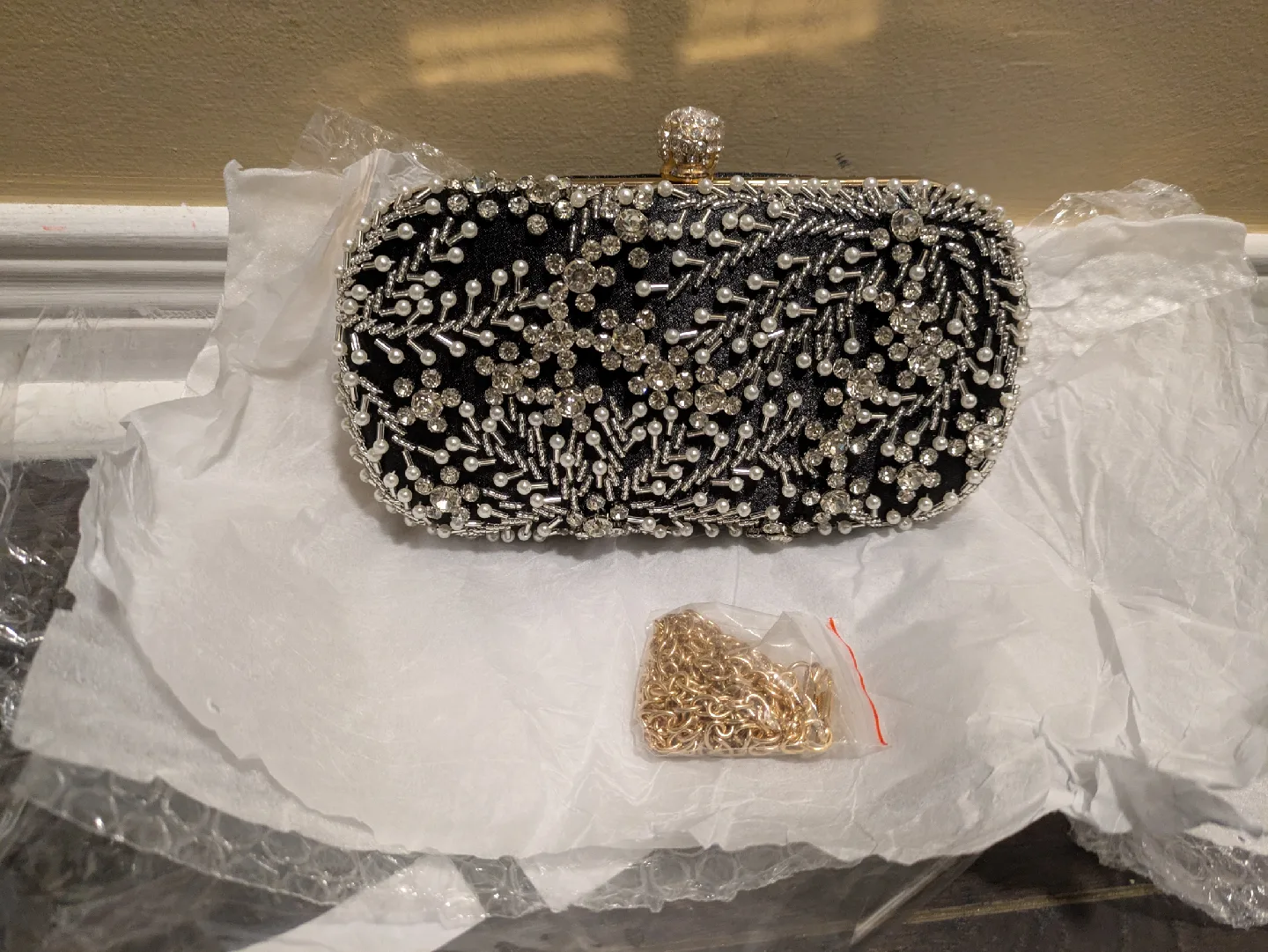 brand new Black Beaded Evening Clutch with Chain image indicator(4)