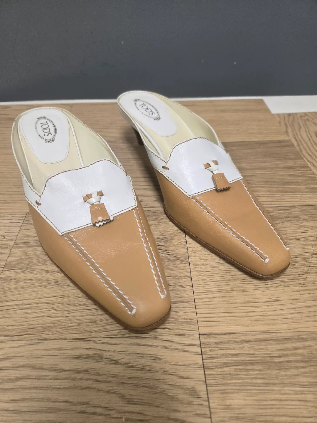 Tod's Leather Heeled Mules Beige & White