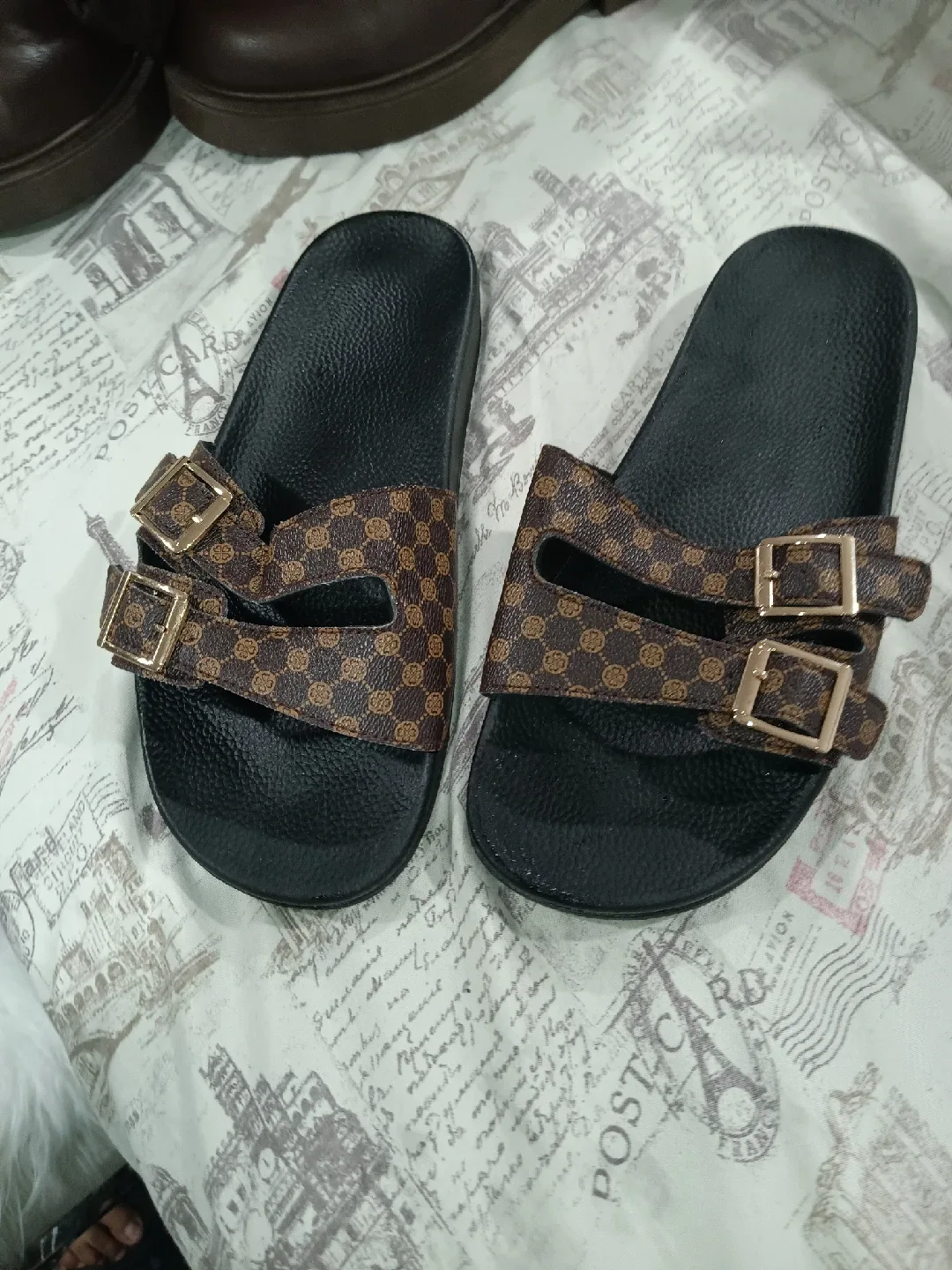 Brown Patterned Buckle Detail Slides image indicator(3)