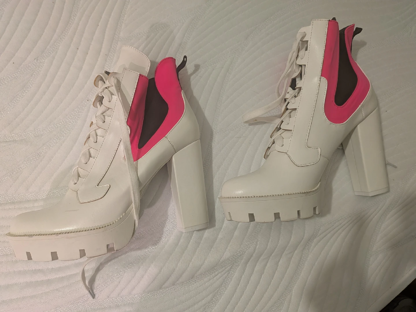 Platform Heel Boots - White & Pink, Size 11