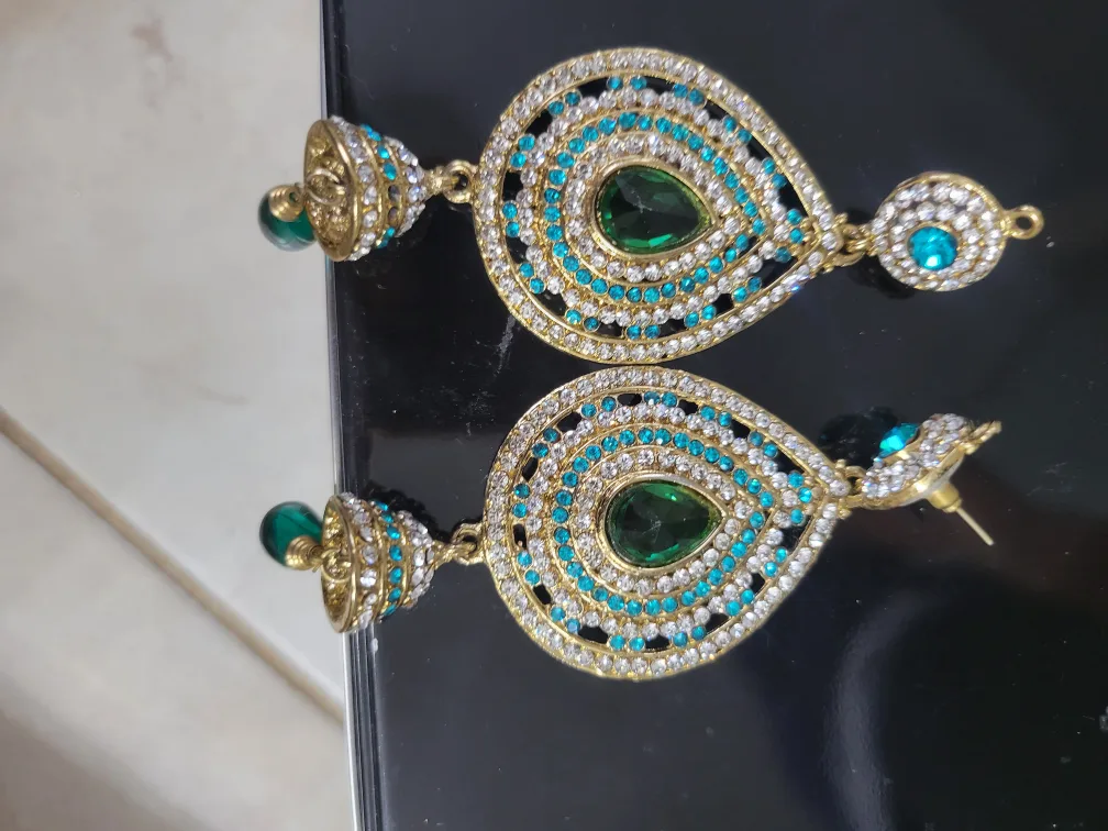 Teardrop Jhumka Earrings - Gold, Green & Turquoise thumbnail