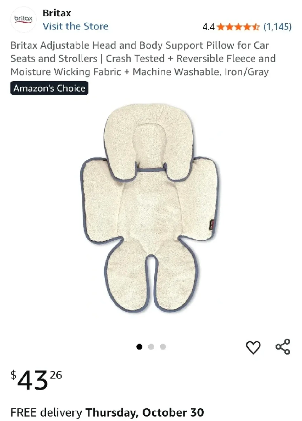 BRAND NEW Britax Head and Body Support Pillow - Grey thumbnail