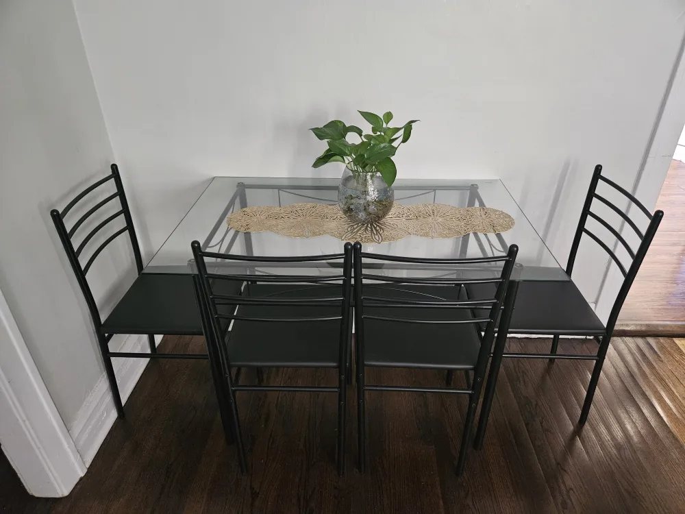 Glass Top Dining Table with 4 Chairs - Black