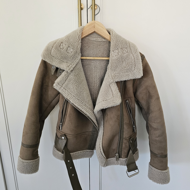 Brown / Taupe Faux Suede Shearling Biker Jacket