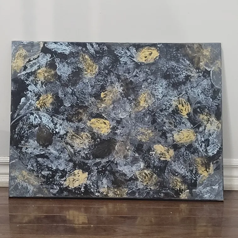 Abstract Leaf Painting - Black, Gold, and White