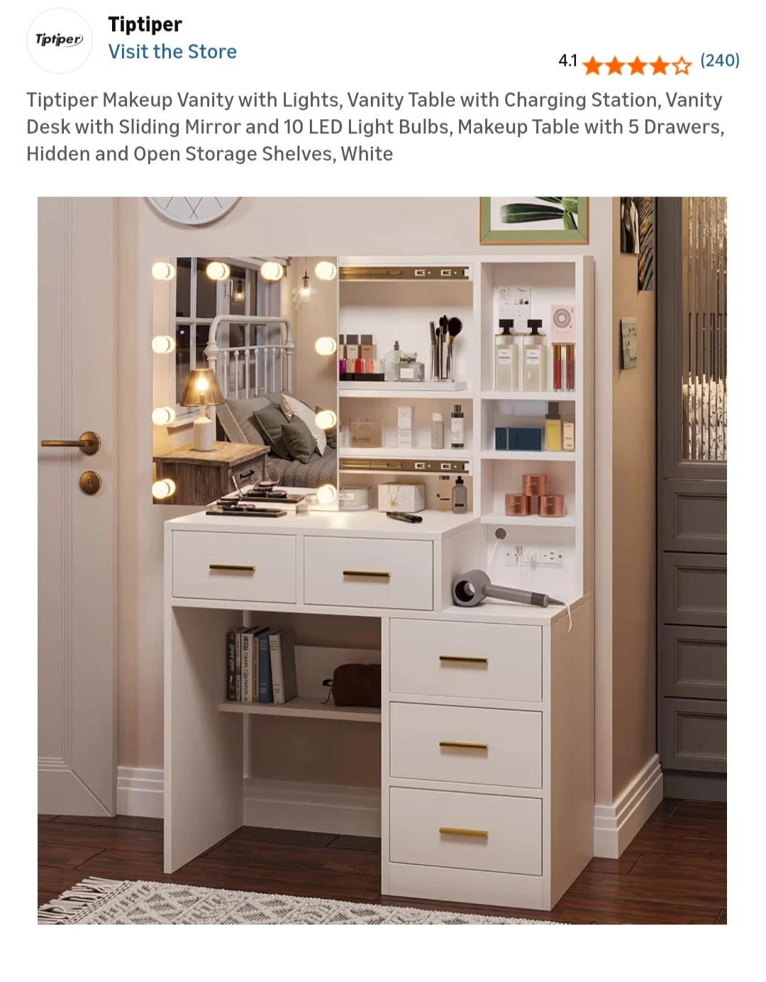 Tiptiper Makeup Vanity with Lights, White