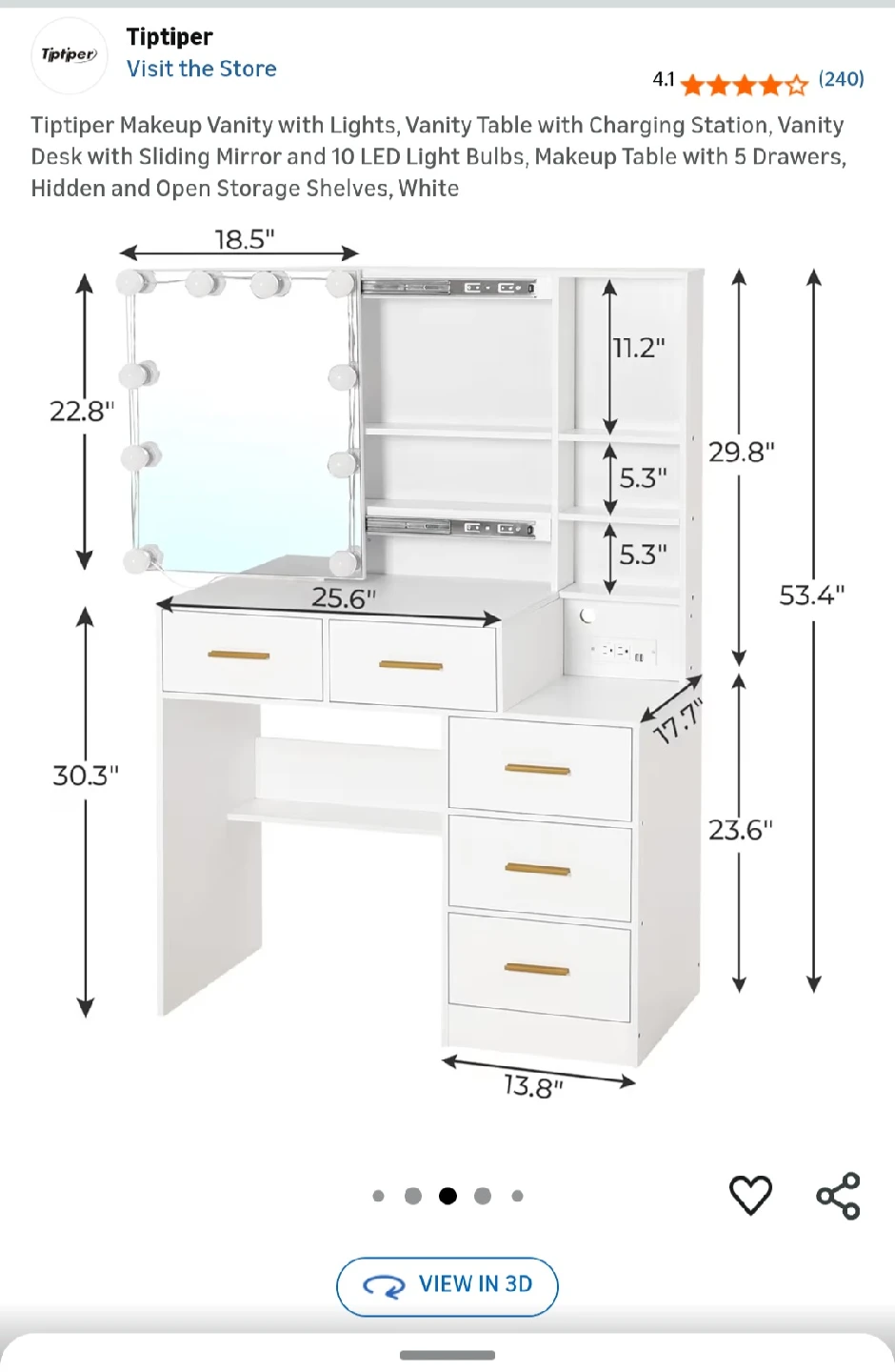 Tiptiper Makeup Vanity with Lights, White - photo 2