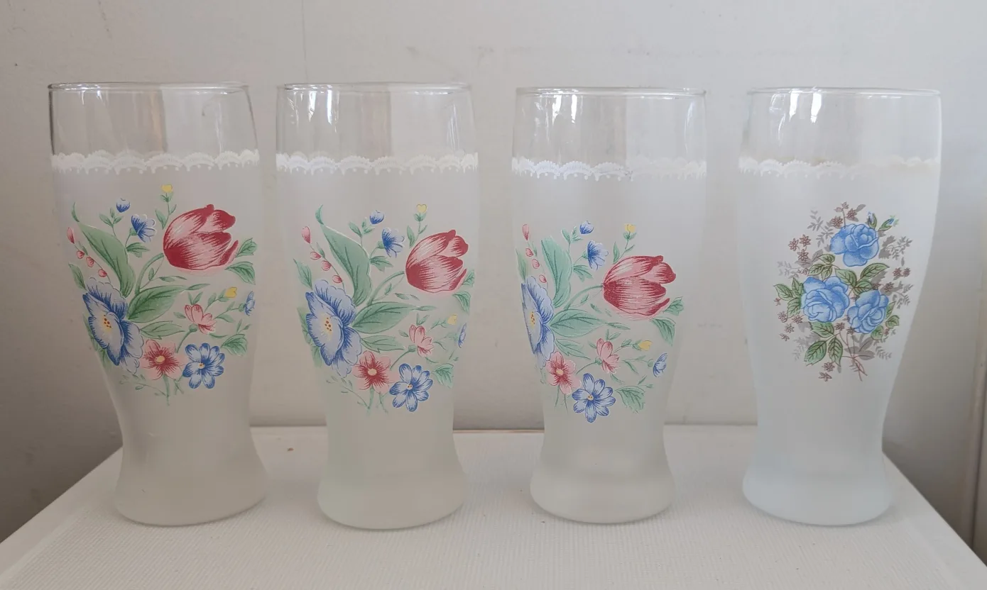 vintage frosted glasses with flowers thumbnail