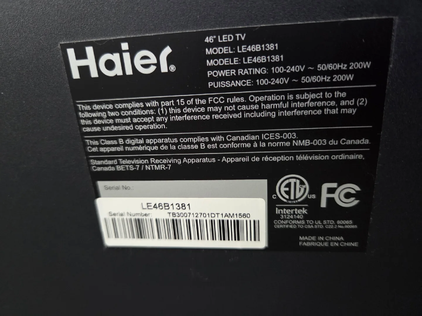 Haier 46" LED TV image indicator(2)