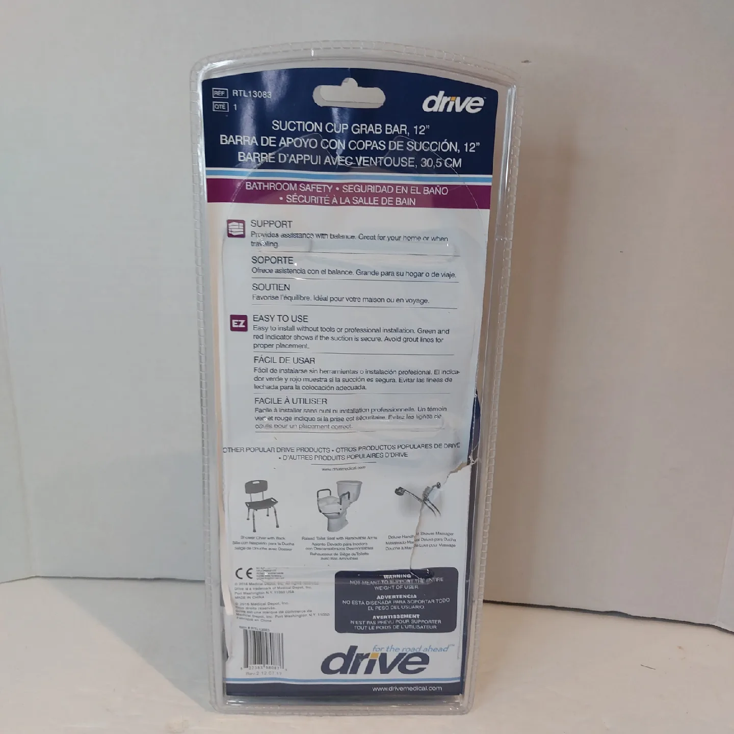 Drive Suction Cup Grab Bar, 12" - New in open Package image indicator(2)