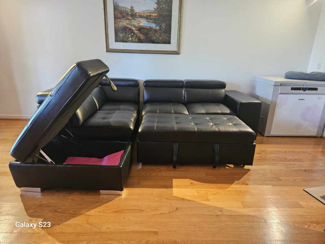 Black Leather Sectional Sofa with Storage